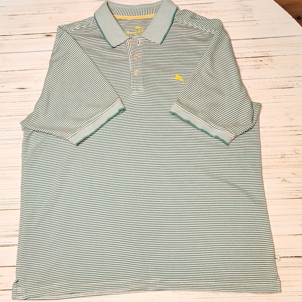 Tommy Bahama Green and White Striped Polo with Yellow Accents